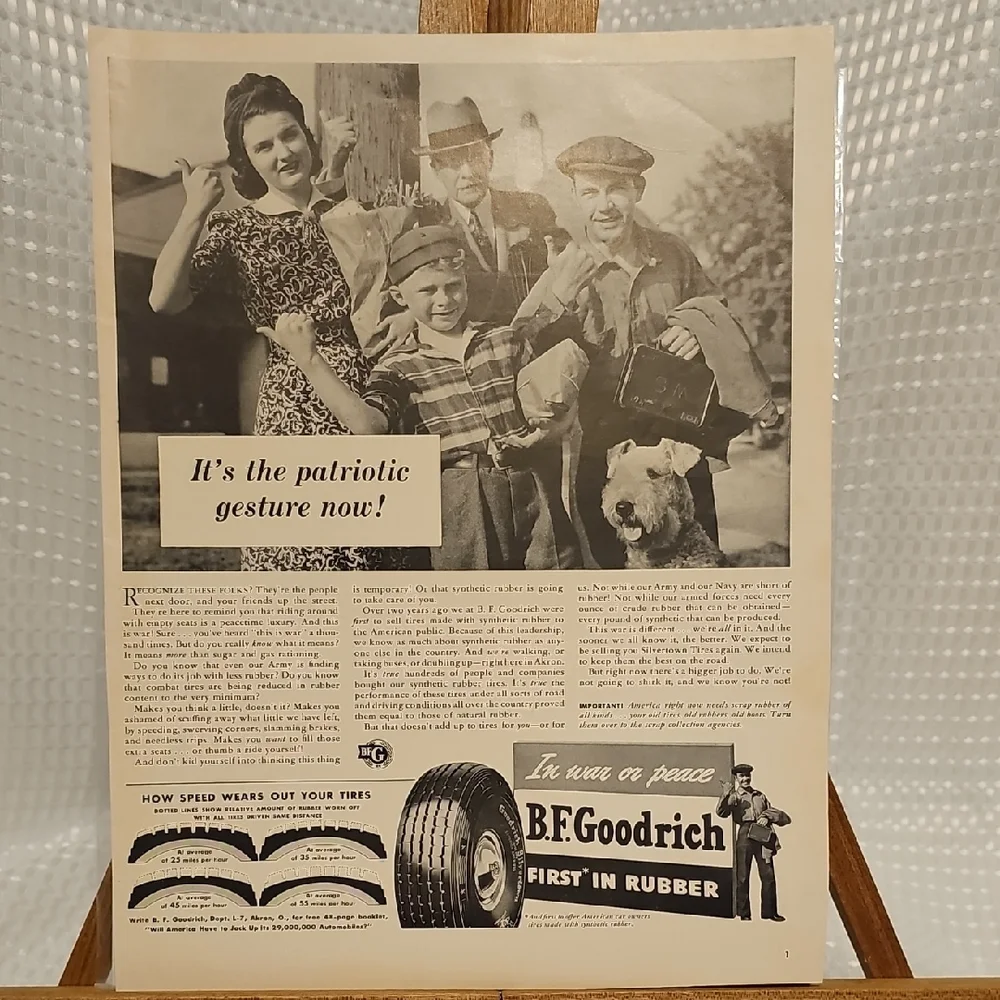 VintaPatriotic BF Goodrich Advertisement  1942 - Back Pepsi Cola Soglow Cart